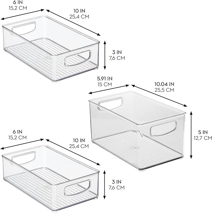 iDesign Stackable Pantry Bins with Handles, 2 Small Bins and 1 Medium Bin, 3 Pack, Clear, Made in USA