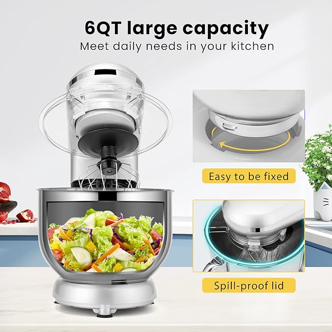 VIVOHOME Stand Mixer, 6-Quart Tilt-Head Kitchen Mixer with Bowl, Silver
