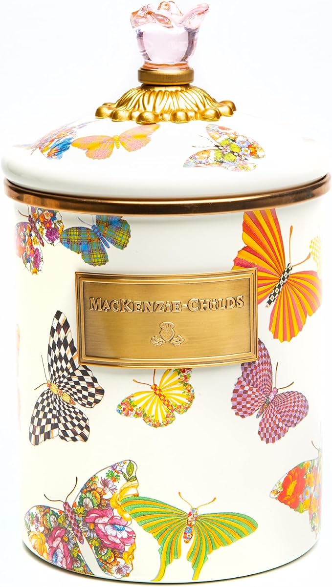 MACKENZIE-CHILDS Enamel Canister, Medium, White Butterfly Garden