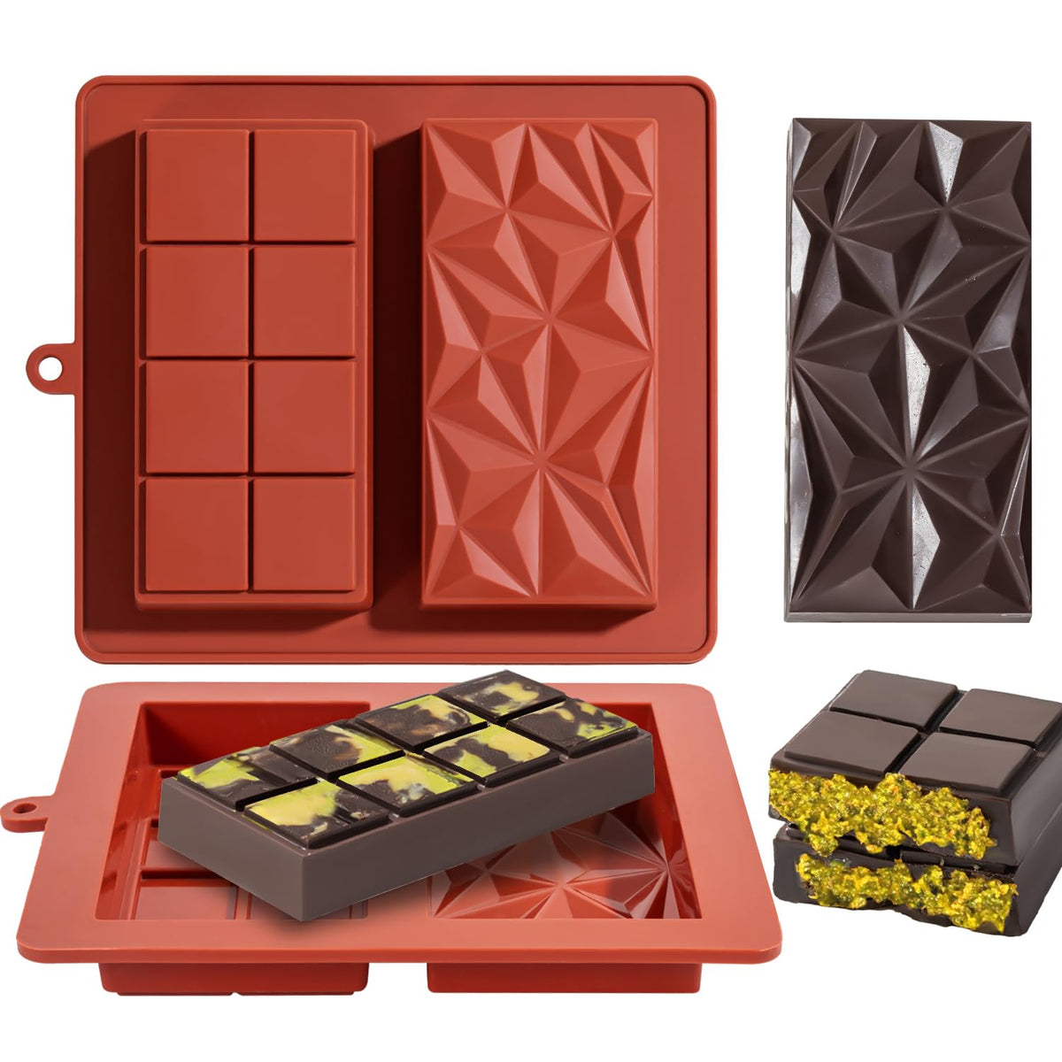 UWILLION Chocolate Bar Mold Deep Dubai 1 Inch Pistachio Chocolate Bar Silicone Thick Mold for Stuffed Bar, Large Candy Bar Mould for Filling