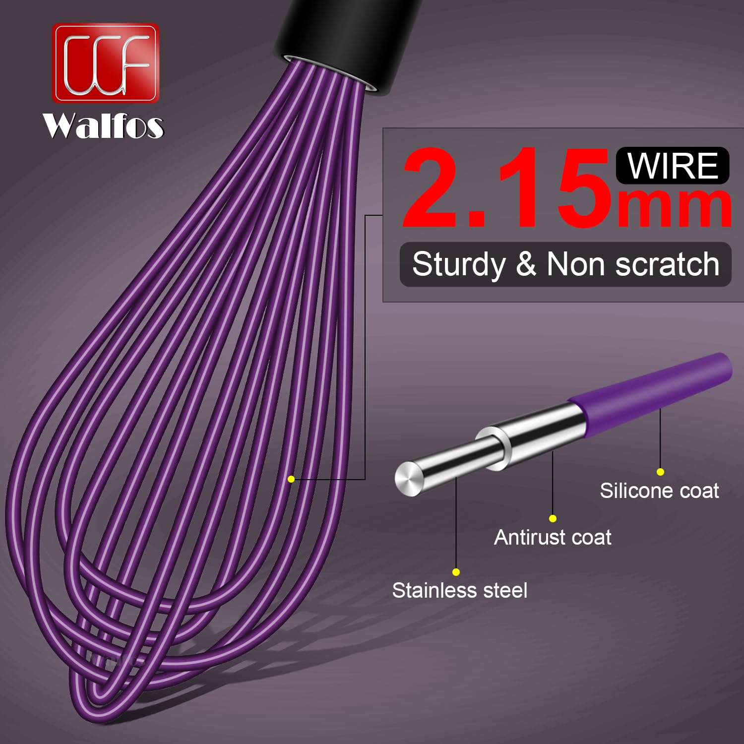 Walfos Whisk, Silicone Whisks Set of 5, Mini Stainless Steel Whisk 7+5in & Non Scratch Coated 7+9+11in Whisks, Suitable for Blending, Whisking, Beating, Frothing & Stirring. (Purple)