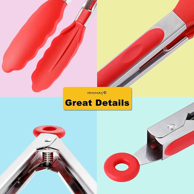 HINMAY Silicone Cooking Tongs 9-Inch Serving Tongs, Set of 3 (Red)