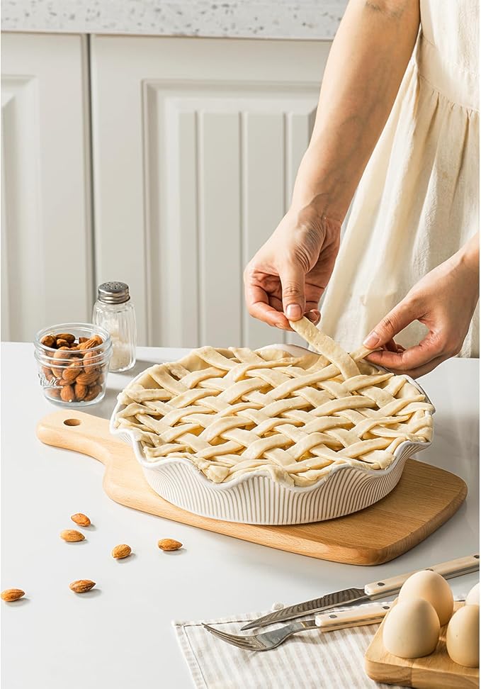 MIKIGEY Ceramic Deep Pie Pan for Baking, 11 inch Porcelain Pie Dish for Apple Pie, Oven & Dishwasher Safe, Farmhouse Decor, 48 Ounce Deep Plate for Kitchen, Non-Stick Pie Pans, Embossed Stripe