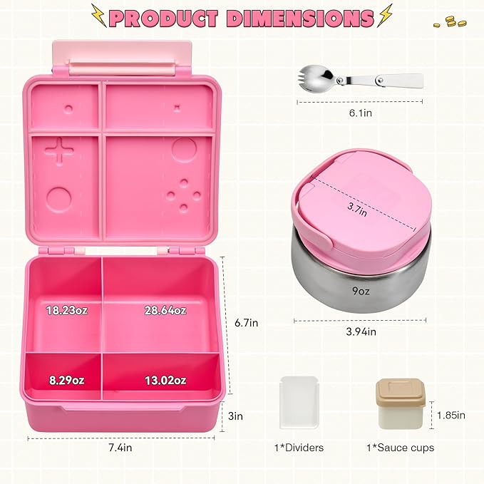 FAJSL Game Bento Box for Kids, Lunch Box with Thermo(9oz Food Jar), Folding Spoon, Removable Divider & Sauce Cup, Lunch Box Kids for School,Travel, BPA-Free & Realistic Shape (Pink)