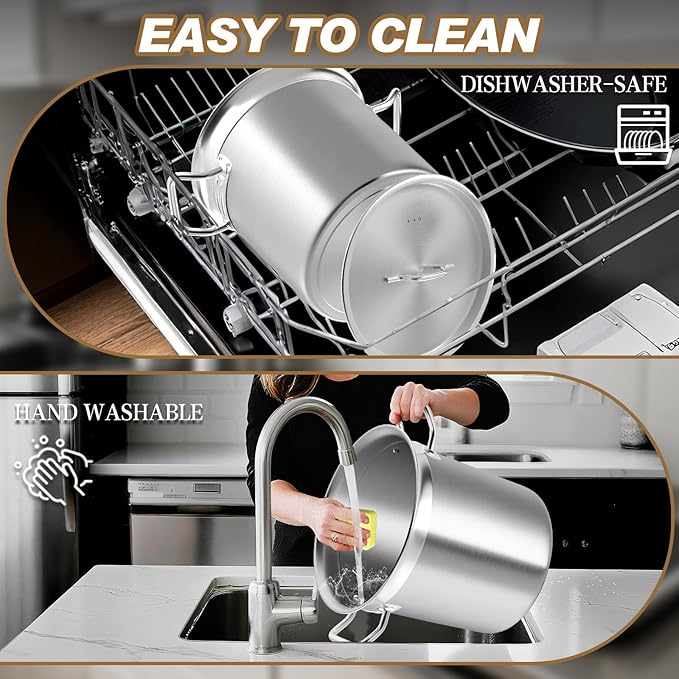 Stainless Steel Stockpot with Lid - Large Stock Pot - Heavy Duty Tri-Ply Bottom Commercial Grade Soup Pot for Cooking Soup, Stew, Canning, Oven, Gas, Ceramic, Dishwasher Safe