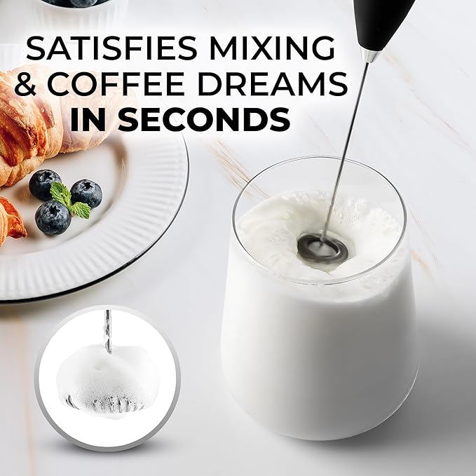 Zulay Kitchen Milk Frother Handheld Electric Whisk – Frother Wand with 2 Duracell Batteries, Durable Drink Mixer, Coffee Frother, Hand Blender, Frother for Protein Powder, Matcha & More - Black