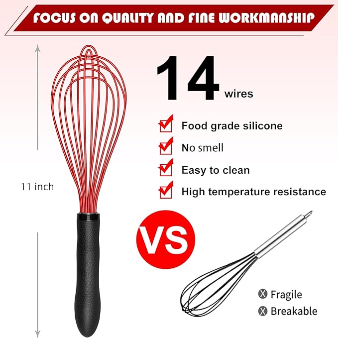 TEEVEA Silicone Whisk 11 Inch, Non-Slip Handle Heat Resistant Non-Scratch