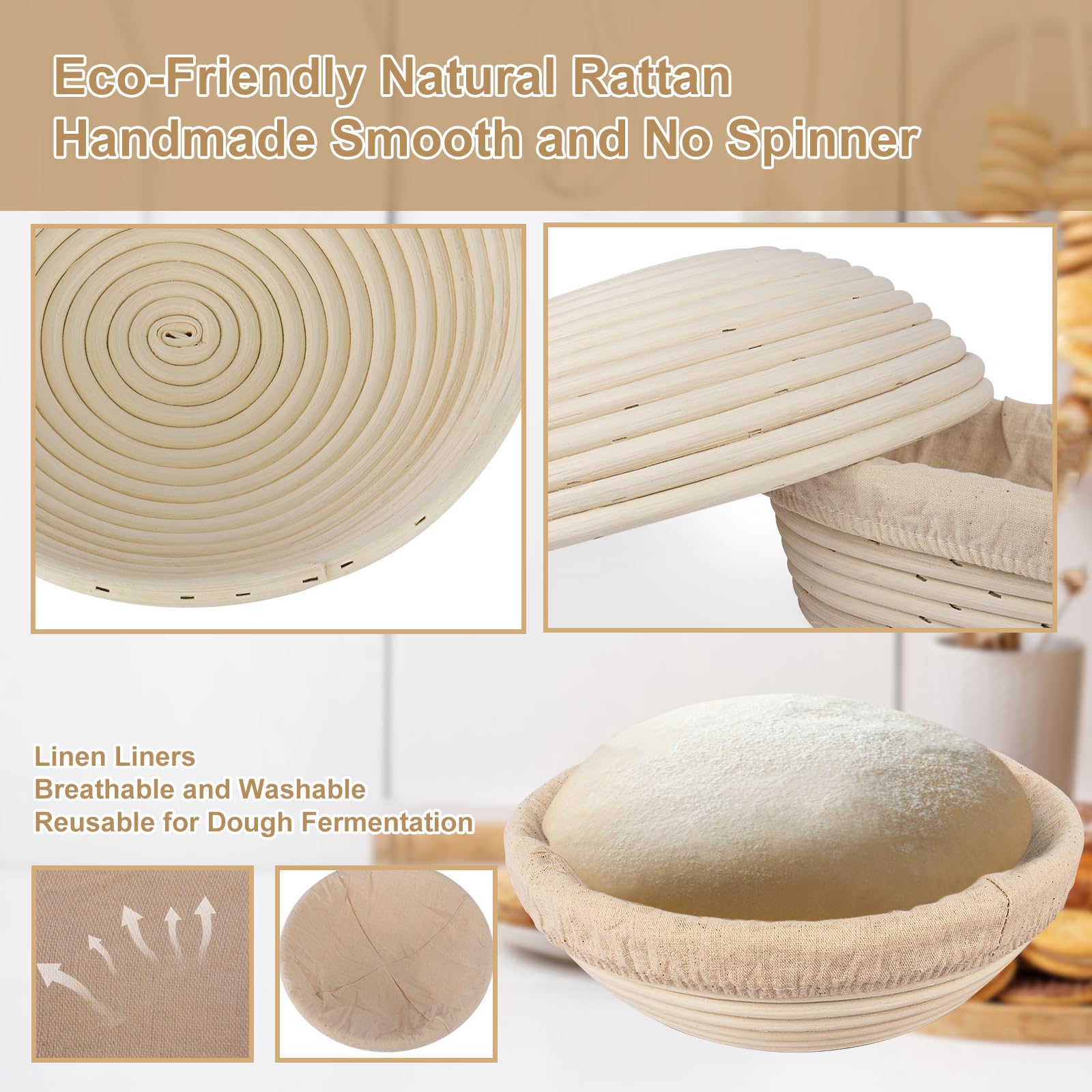 TNELTUEB Bread Proofing Basket Set, Incl 10'' Round & 9.6'' Oval Rattan Banneton, Dough Whisk, Scraper, Lame, Linen - Natural