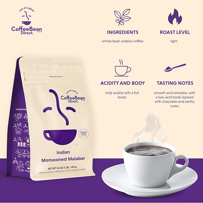 Coffee Bean Direct Indian Monsooned Malabar, Whole Bean, 1lb Bag