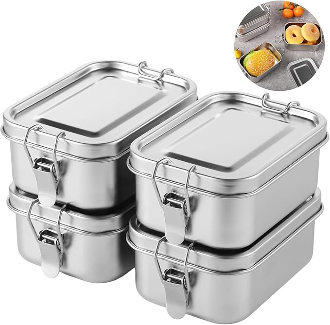 Tideme 4 PCS Bento Boxes, 550 ML Stainless Steel Lunch Boxes, Food Storage Containers, Portable Metal Lunch Containers, Lockable Clips to Leak Proof, Reusable Dishwasher Safe Lunch Snack Boxes