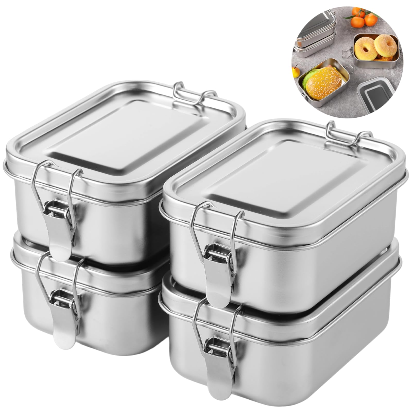 Tideme 4 PCS Bento Boxes, 550 ML Stainless Steel Lunch Boxes, Food Storage Containers, Portable Metal Lunch Containers, Lockable Clips to Leak Proof, Reusable Dishwasher Safe Lunch Snack Boxes