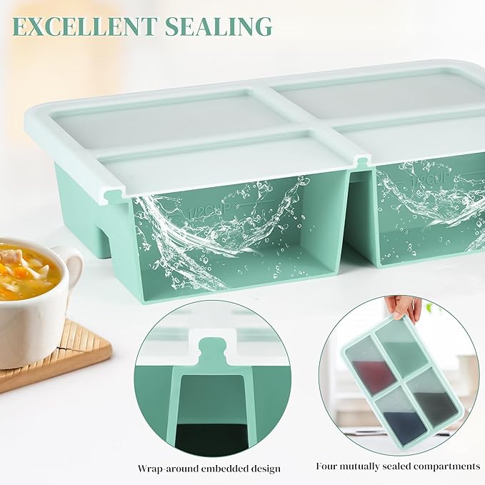 BIONMAPLE 2 PACK 1 Cup Silicone Freezer Trays With Lid For Freeze & Store Soup, Broth, Leftovers, Microwave-safe Soup Freezer Container - Green