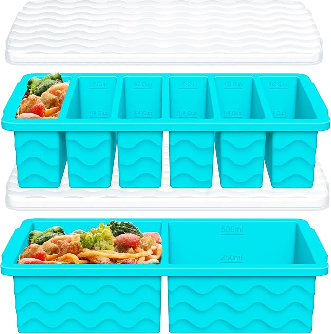 2-Pack Silicone Freezer Trays with Lid, 2 Large 2-Cup(500ml) & 6 Small 1/2-Cup(125ml) Soup Freezer Container Molds, Ice Cube Tray For Meal Prep & Freezing Soup, Stews, Sauces, Oven & Dishwasher-Safe