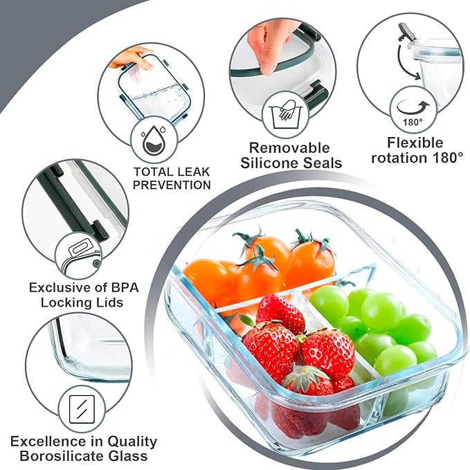VERONES 5 PACK 36 OZ Glass Food Storage Containers 3 Compartment Set, Grey
