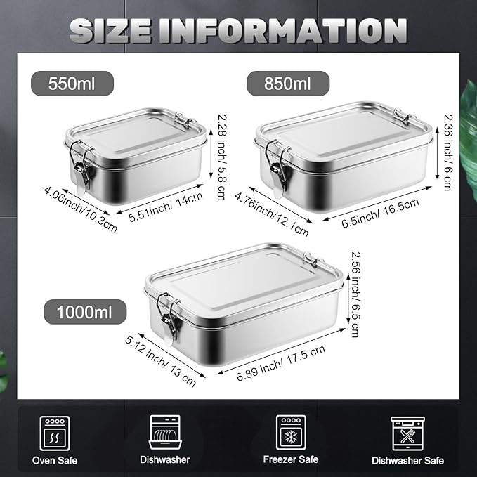 Umigy 3 Pcs Stainless Steel Food Containers Metal Bento,550/850/1000ml