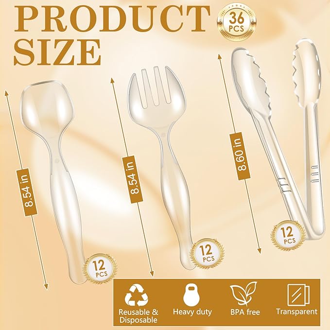 Mwellewm 36Pcs Serving Utensils Large Plastic Serving Utensils Set Serving Spoons for Buffet Clear Disposable Plastic Tongs 8.5'' Heavy Duty Slotted Spoons/Forks Supplies for Party Food Salad Soup