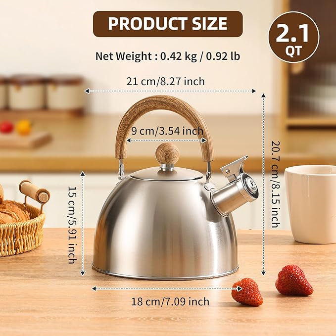 MAXCOOK 18/8 Stainless Steel Tea 2.1 Quart Kettle for Stovetop，Silver