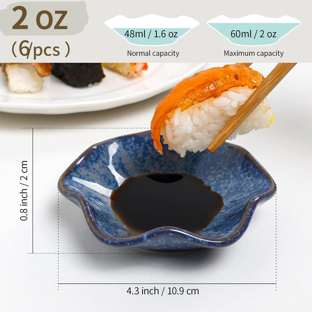 ZEBERBO Dipping Bowls Set of 6, Ceramic Soy Sauce Dishes, 2 oz Dipping Sauce Cups, chrysanthemum Round Small Side Dish Dishes for Dipping Sushi Tomato Soy Sauce Dish