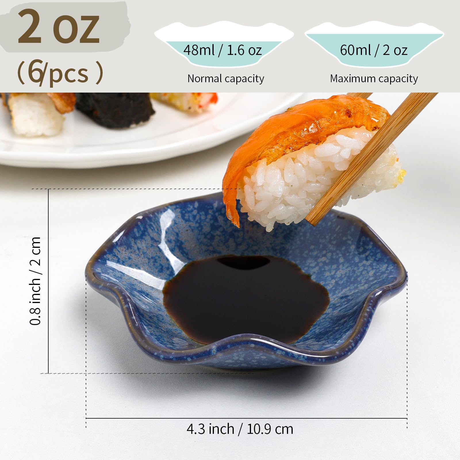 ZEBERBO Dipping Bowls Set of 6, Ceramic Soy Sauce Dishes, 2 oz Dipping Sauce Cups, chrysanthemum Round Small Side Dish Dishes for Dipping Sushi Tomato Soy Sauce Dish