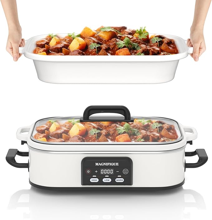4 Quart Casserole Programmable Slow Cooker with Ceramic Baking Dish - Perfect Kitchen Small Appliance for Family Dinners, Oven Safe and Durable Bakeware for Lasagna, Roasts, White