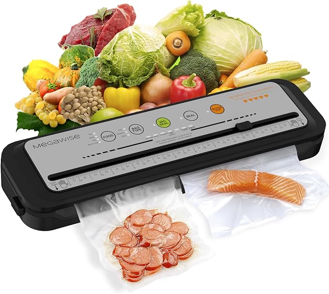 MegaWise Vacuum Sealer Machine, 80kPa Powerful Suction, One-Touch Automatic Food Sealer with Built-in Cutter & Bags Included, Dry Moist Modes for All Saving needs