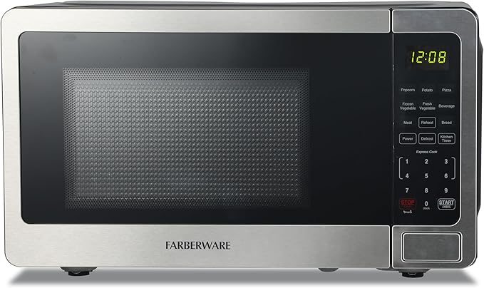 Farberware 0.7 Cu. Ft. Stainless Steel Microwave Oven, 700-Watt with LED Display, 10 Power Levels, 8 Auto-Cook Presets, Express Cooking, Weight & Time Defrost