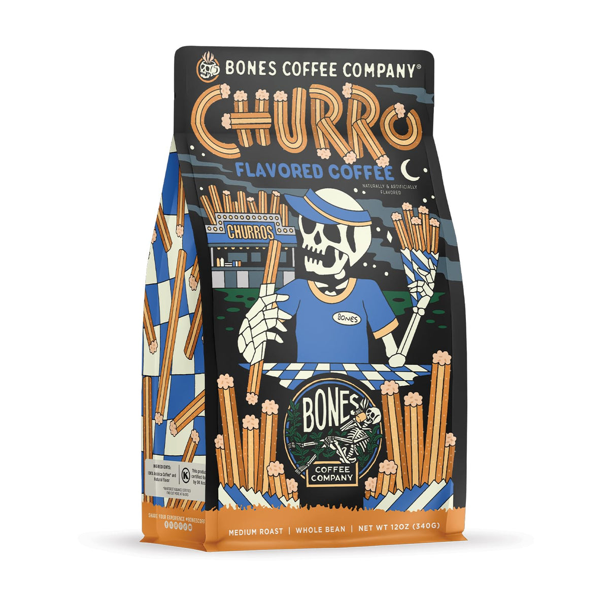 Bones Coffee Company Highland Grog, Butterscotch Caramel Flavored Coffee, Medium Roast Low Acid Arabica Beans Compatible with Auto drip and French Press Coffee Maker, 12 Oz Whole Bean
