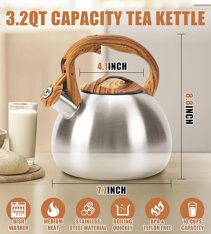 Foedo 3.2Qt Stainless Steel Whistling Tea Kettle Stovetop, Silver
