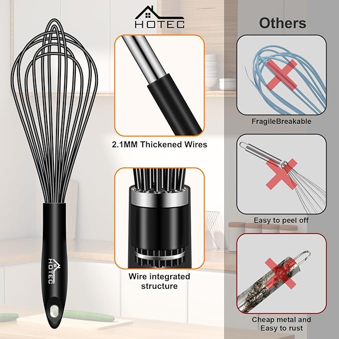 HOTEC 4 Pieces Silicone Whisks Set, Wire Balloon Whisks for cooking Egg Beater, Non-slip Handle Whisk for Non-stick Cookware Perfect for Cooking, Stirring, Beating and Blending,Black