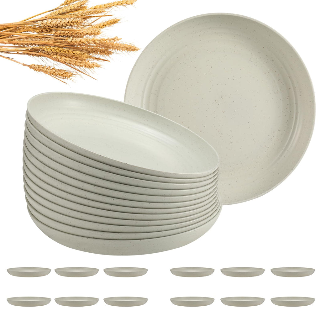 HEYCOME 12 Pcs Unbreakable Deep Dinner Plates Set, 10 inch Reusable Plastic Wheat Straw Plates, Microwave and Dishwasher Safe Plate for Kitchen, Lightweight Plate for Dessert, BPA Free, Beige