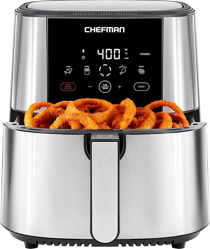 Chefman Air Fryer 8 Qt | TurboFry® 4-in-1 with 450°F Hi-Fry Option for Crispier Results | Bake, Dehydrate, Frozen | XL Nonstick Dishwasher-Safe Basket | Stainless Steel