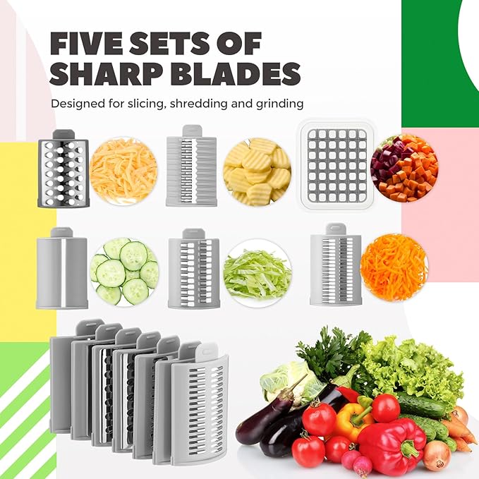 Leriton 6-in-1 Multifunctional Rotary Cheese Grater with 11 Blades Vegetable Shredder Food Shred Dice Slicer Chopper with Suction Base Rotating Handle Safety Push Cup for Kitchen Housewife Gift(White)