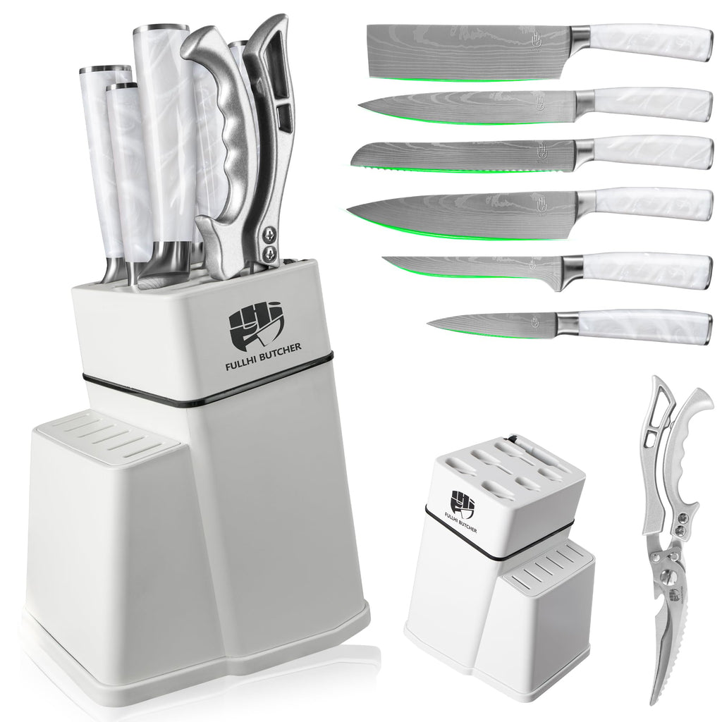 FULLHI 8pcs block Knife Set,chef's Knves Set with Block and Sharpener, Kitchen Knife Set,Multi-colour Handle, Gifts for Men Women