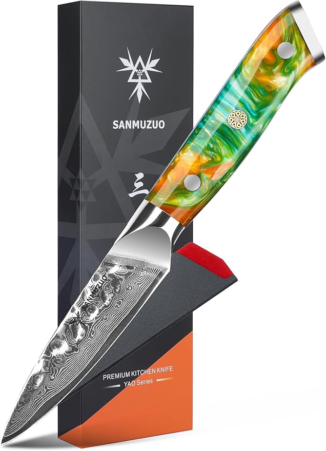 SANMUZUO 3.5 Inch Paring Knife - Fruit and Vegetable Peeling Knives, Forged Damascus Steel & Resin Handle - YAO Series