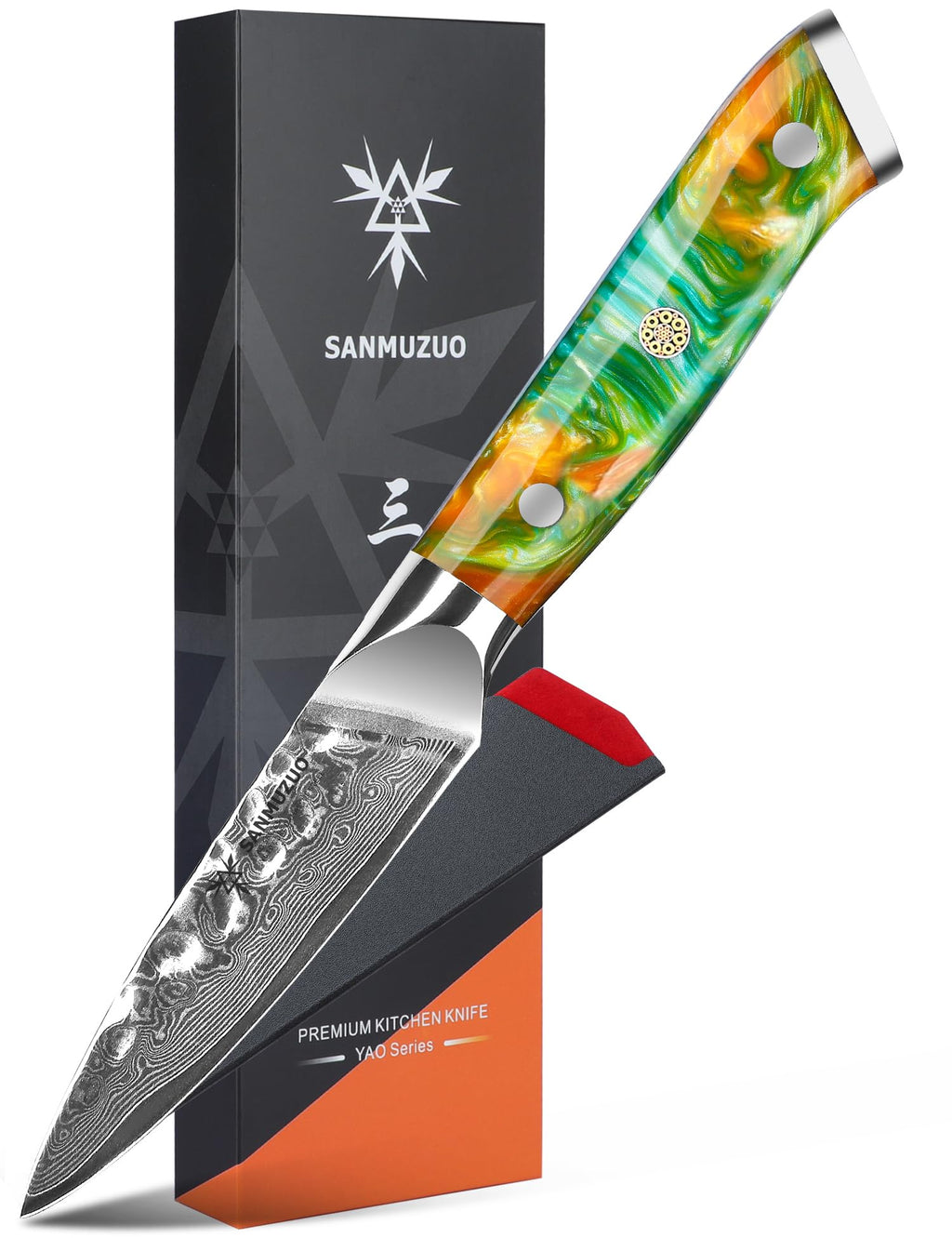 SANMUZUO 3.5 Inch Paring Knife - Fruit and Vegetable Peeling Knives, Forged Damascus Steel & Resin Handle - YAO Series