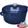 Overmont Enameled Cast Iron Dutch Oven - 5.5QT Pot with Lid Cookbook & Cotton Potholders - Heavy-Duty Cookware for Braising, Stews, Roasting, Sourdough Baking Indigo Blue