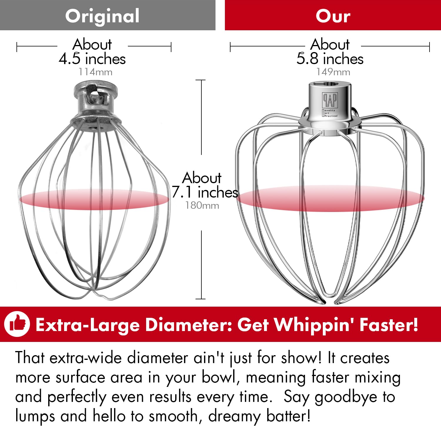 QAP Stainless Steel Wire Whip Fits KitchenAid 5 Plus 6 QT Bowl Lift Mixer