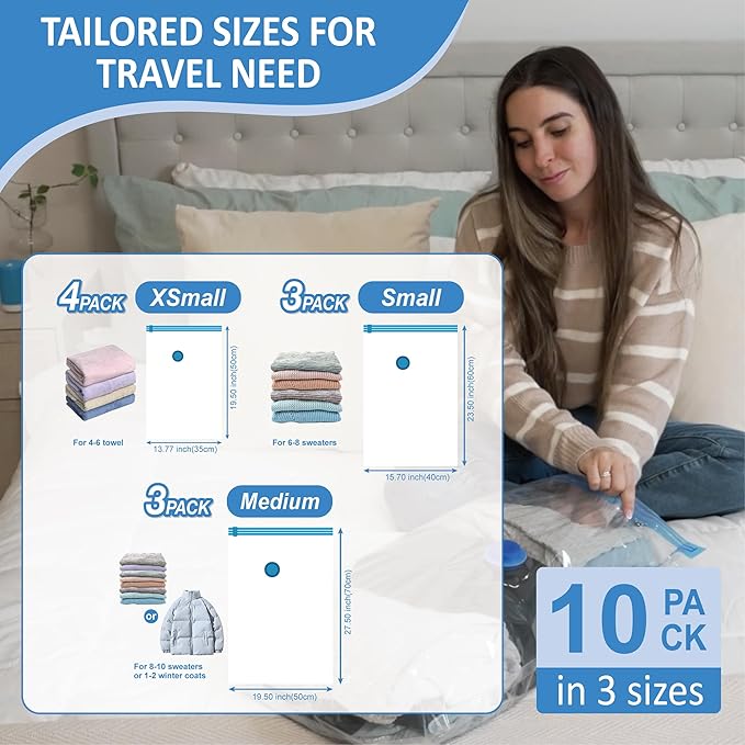 Cozy Essential Travel Vacuum Storage Bags with Rechargeable Cordless USB Pump, Space Saver Bags for Luggage, Suitcase, Carry-On, for Clothes, Blankets, Bedding & Seasonal Storage,10 Combo