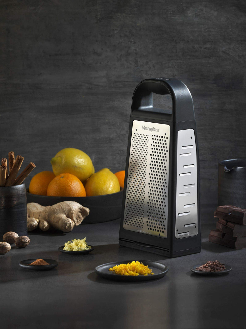 Microplane Elite Five Blade Box Grater with Measuring Cup Base, Five Grating Surfaces Including Fine, Coarse, Double-Sided Ribbon, Ultra-Coarse, and Slicer - Black