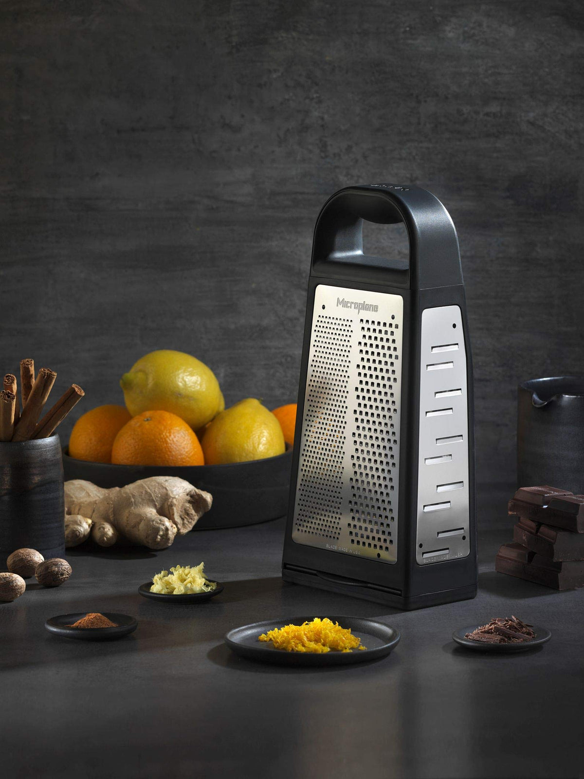 Microplane Elite Five Blade Box Grater with Measuring Cup Base, Five Grating Surfaces Including Fine, Coarse, Double-Sided Ribbon, Ultra-Coarse, and Slicer - Black