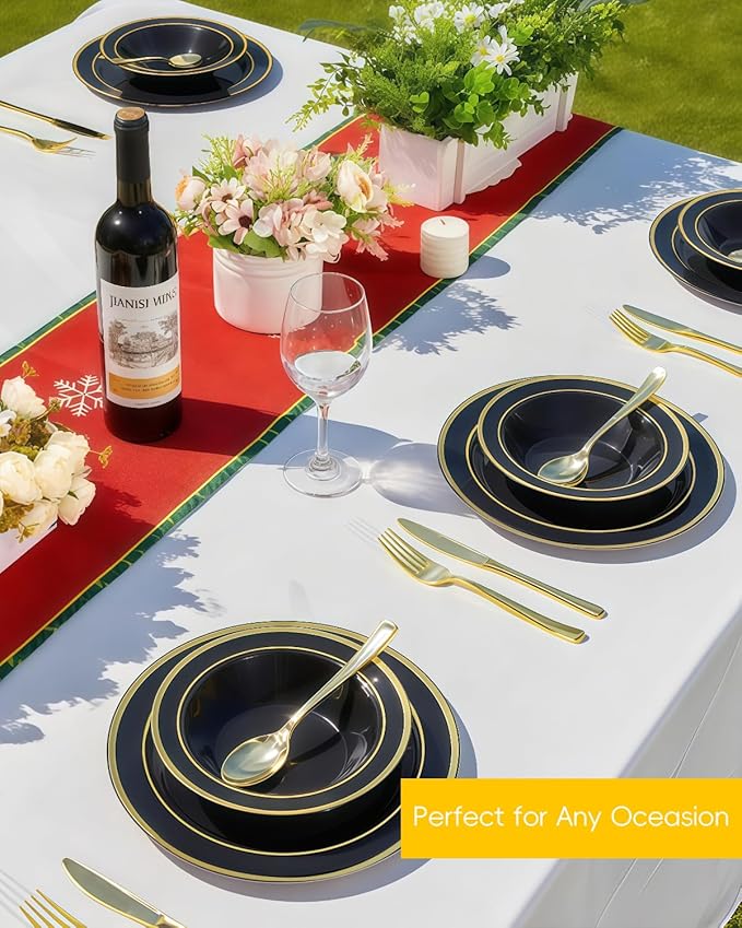 BESTSTAR 200 Pack Black Disposable Bowls with Gold Rim