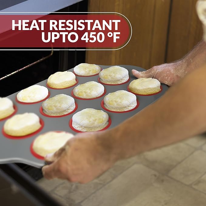 Boxiki Kitchen Non-Stick 12 Cup Silicone Muffin Pan with Steel Frame - BPA Free, Non-Toxic, Anti-Warp, Durable & Easy to Pop Silicone Muffin Tin - Perfect Cupcake Pan