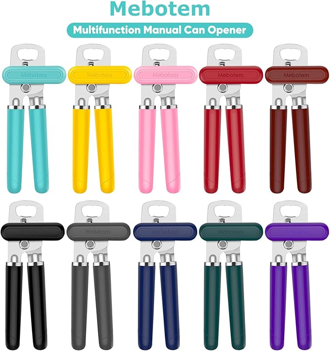 Mebotem 10 Colors Can Opener Manual Handheld Heavy Duty Hand Can Opener Smooth Edge Stainless Steel Can Openers Top Lid Kitchen Gadgets, Best Large Rated Easy Turn Knob, with Bottle Opener, Burgundy