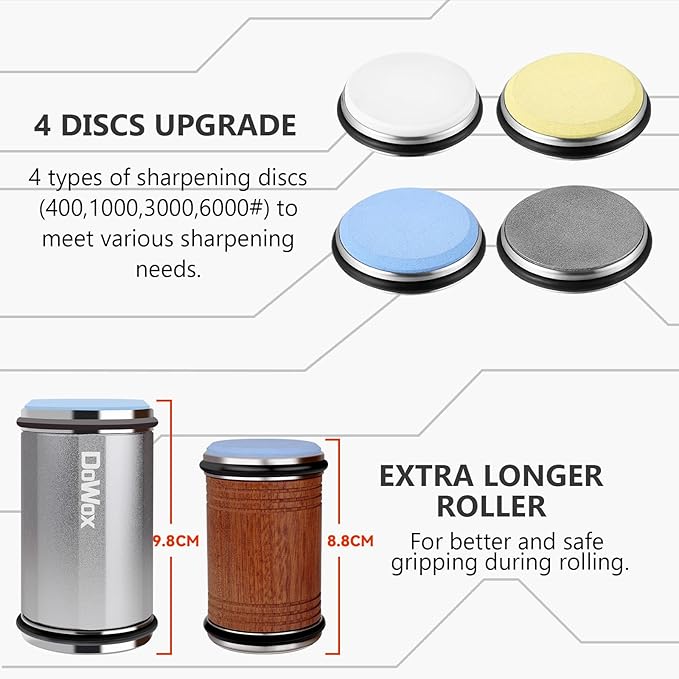 DOWOX Longer Rolling Knife Sharpener with Leather Strop, Upgraded Rolling Knife Sharpening with 4 Degree Angle and 4PCS Replaceable Honing Discs, Easy to Sharpen Ktichen Knives, Silver