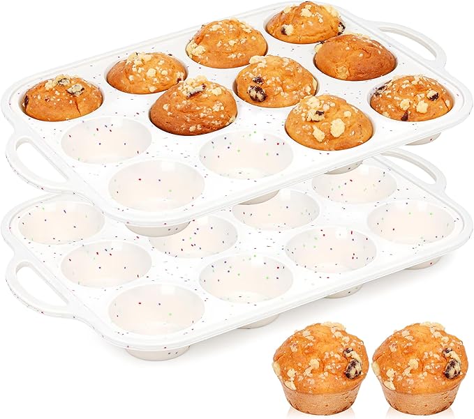 AOTASO 2 Pcs Silicone Muffin Pan with Metal Frame Nonstick 12 Cup Regular Size Cupcake Pan Silicone Muffin Tray for Baking Egg Bites Muffins Cupcakes Gifts for Mom Home Baker Kitchen (Cream)