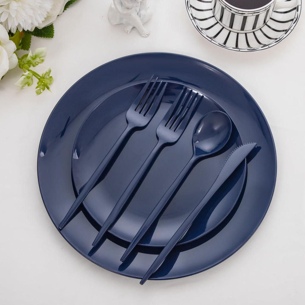 PULOTE 150PCS Blue Plastic Silverware Set - Plastic Cutlery Disposable - Heavy Duty Blue Plastic Utensils Include 50 Forks, 50 Knives,50 Spoons for Party&Graduation