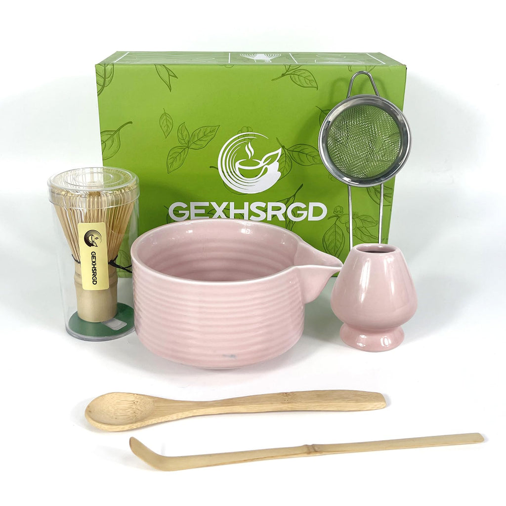 GEXHSRGD Matcha Whisk Set 6 pc Kit - Traditional Japanese Chasen, Bamboo Whisk Holder, Ceramic Bowl with Spout, Sifter & 2 pc Spoons - matcha kit set, Gift for Matcha Tea Lovers(Pink)
