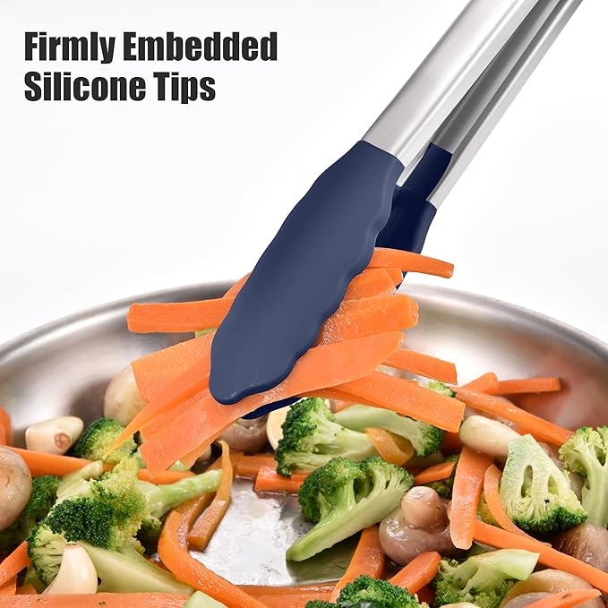 Doosu Kitchen Tongs with Silicone Tips for Cooking Serving (16in, Navy)