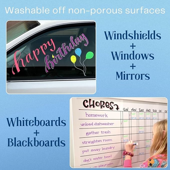 MoodClue Liquid chalk markers washable, erasable, dry or wet erase. 6 neon markers for whiteboards, glass boards, mirrors, chalkboards, windows, car windshields, glass. Non-toxic, reverse tip pens