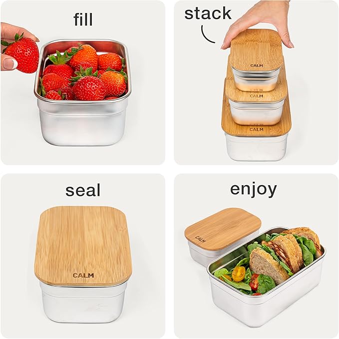 Calm Organics Stainless Steel Food Containers with Bamboo Cutting Board Lids | Set of 3 Reusable Meal Prep Boxes | Airtight Leak-Resistant | Dishwasher Safe | BPA-Free | 2, 4, 6 Cup Sizes